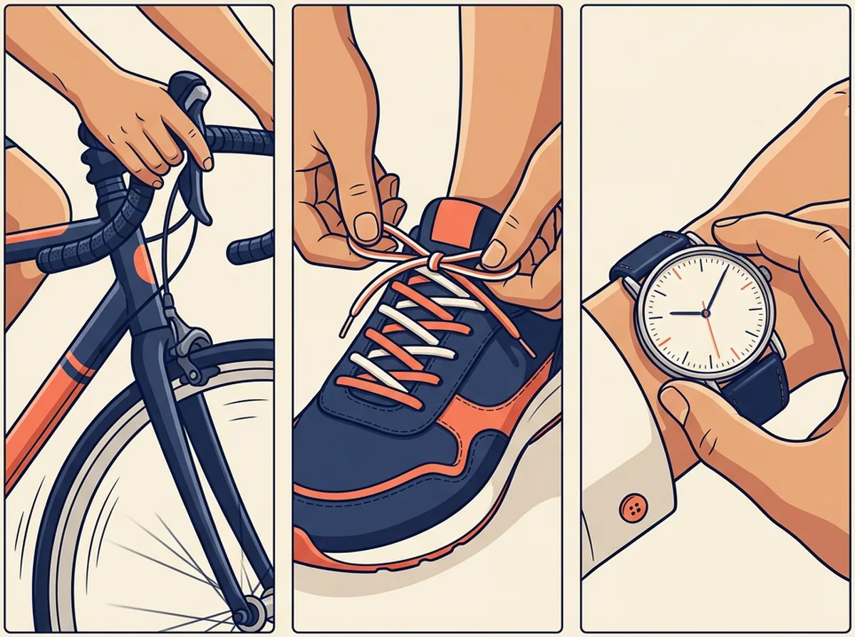 Trois gestes devenus automatiques : tenir un guidon, lacer une chaussure, lire l'heure.